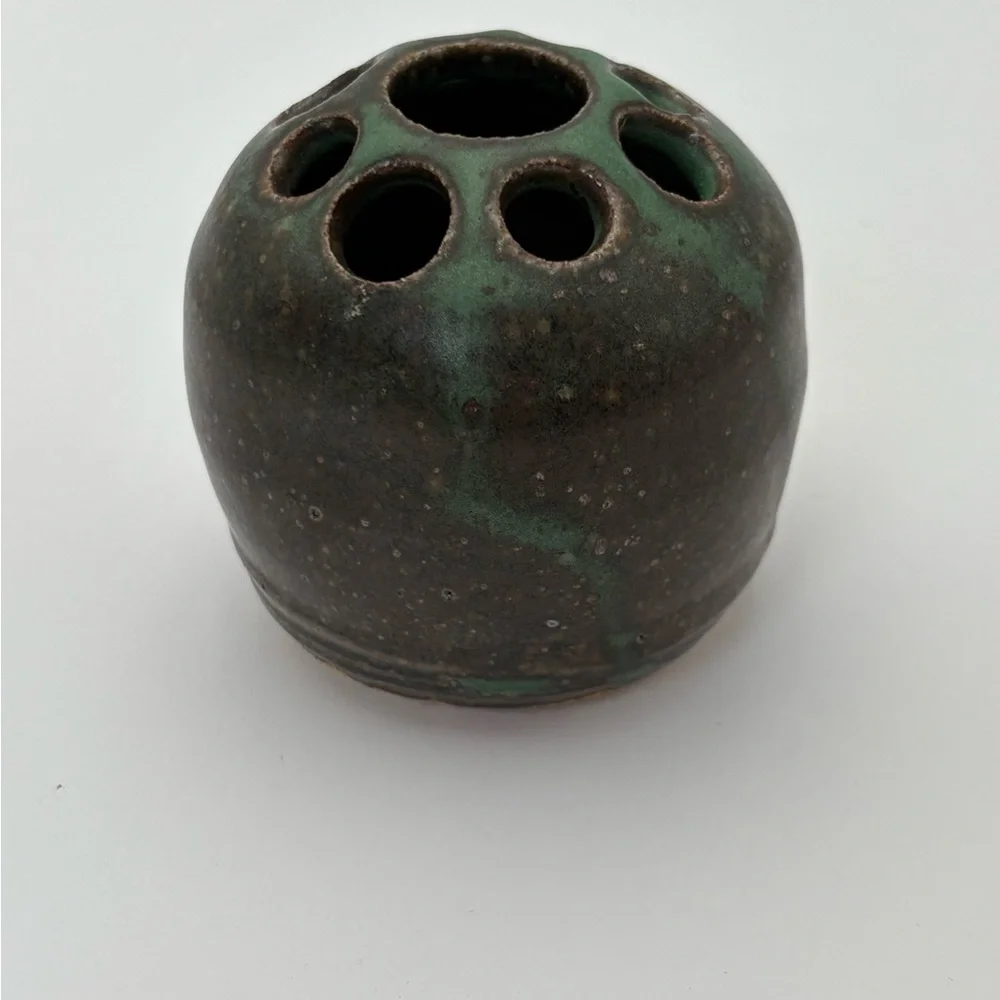 Vintage Signed Handcrafted Pottery Green and Brown Glaze Flower Frog/Vase